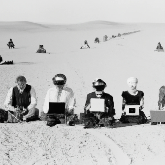 A group of persons sitting in a desert with laptops and VR headsets, isolated from each other.
